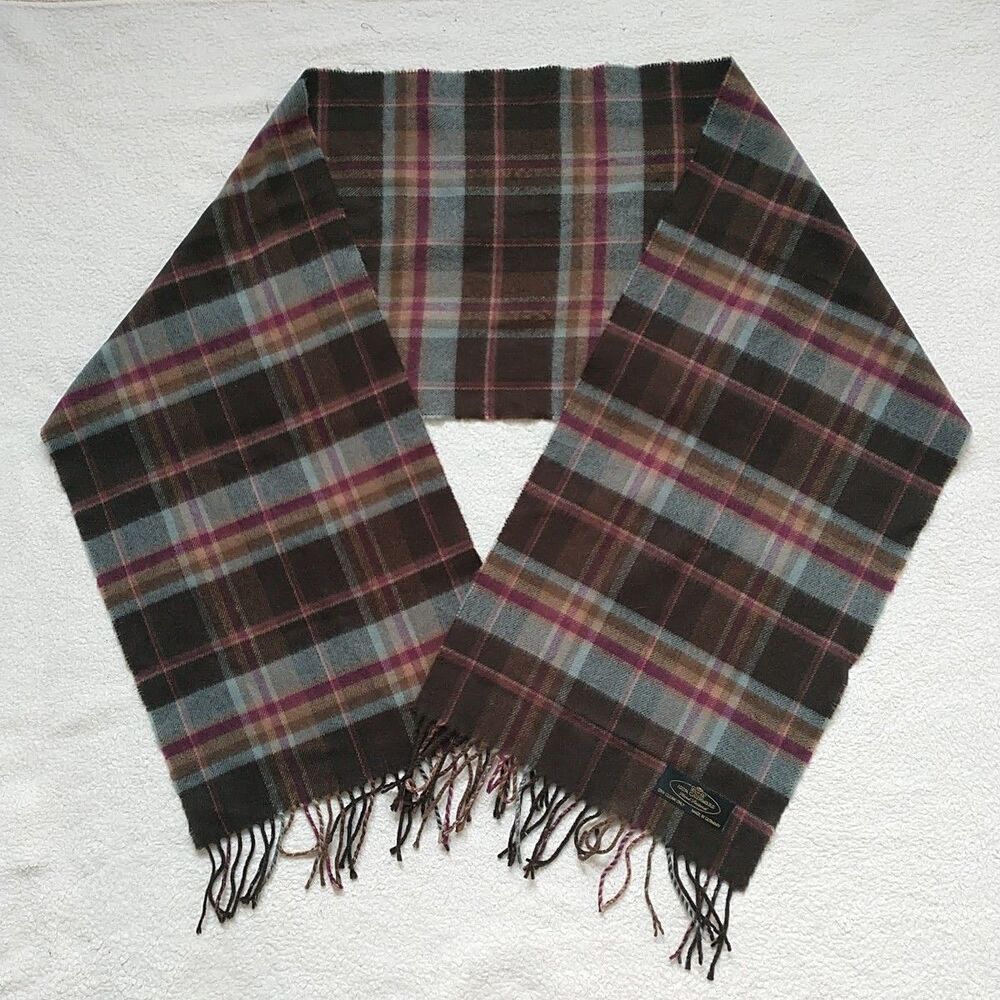 100% Cashmere Scarf Hand Tailored Brown Blue Plaid Fringe Rectangle Germany 63"